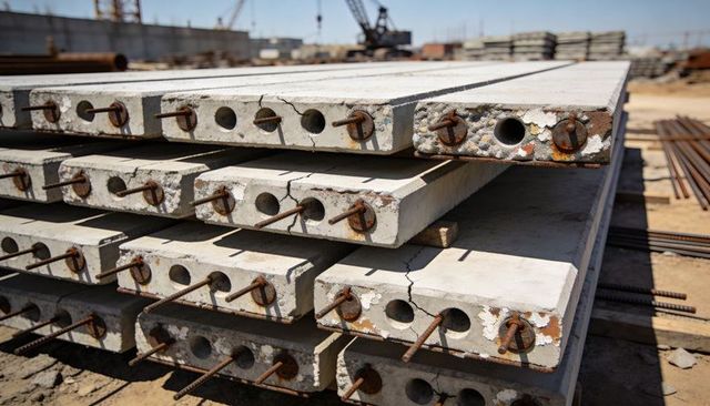 Precast hollow-core concrete slabs stacking in yard showing voids and rusted anchors