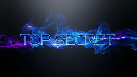 Neon top secret glowing typography with blue-purple smoke ribbon, cyberpunk light
