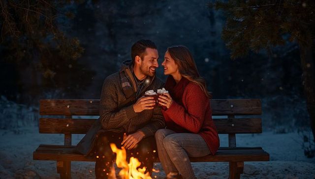 Romantic couple sharing marshmallow-topped mugs by campfire on snowy night bench