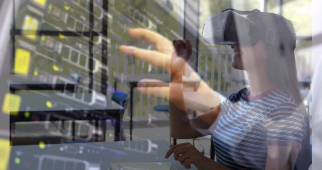 Woman Using VR Headset for Data Management in Modern Office - Download Free Stock Images Pikwizard.com