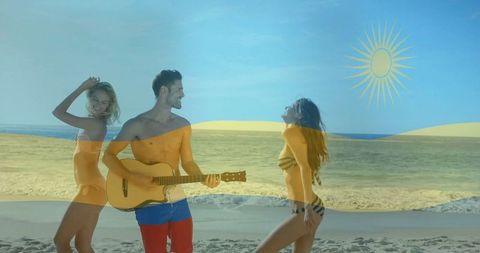 Carefree Beach Vibes: Playing Guitar with Friends