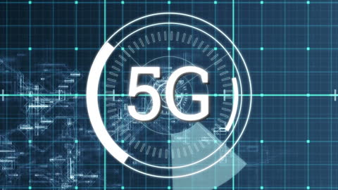 Futuristic 5G Technology Interface with Digital Grid Overlay