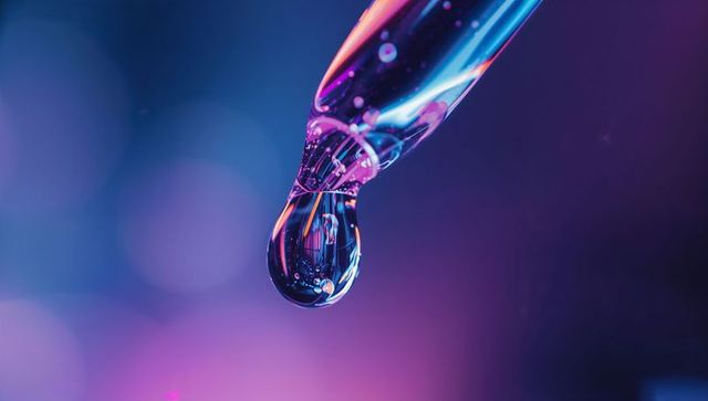 Neon-Lit Droplet on Dropper Tip in Futuristic Laboratory Setting