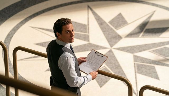 Executive reviewing clipboard on compass mosaic lobby landing looking back