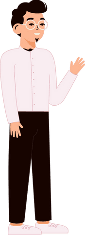 Friendly male figure waving with round eyeglasses on transparent background