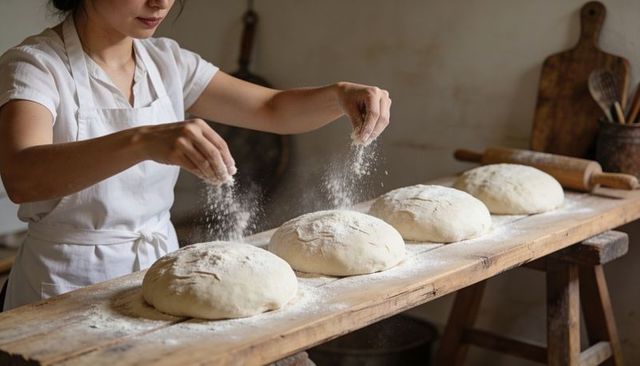 Artisan baker sprinkling flour over four round sourdough loaves on rustic bench