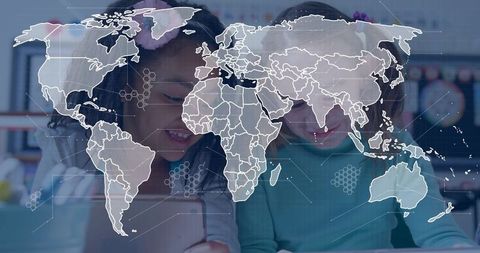 Multicultural Students Sharing Smartphone in Classroom with World Map Overlay