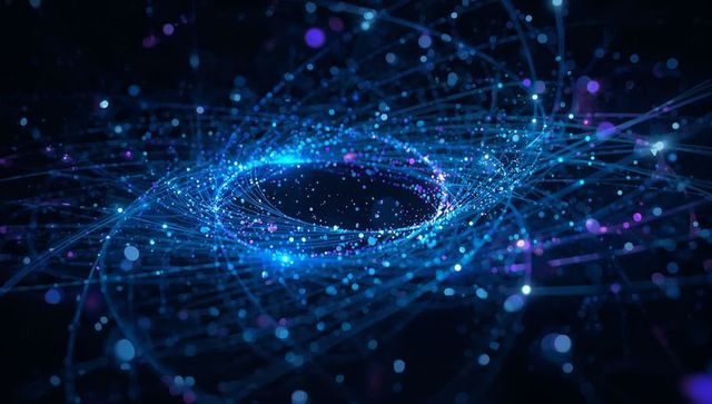 Swirling Neon Data Vortex Emitting Glowing Network Threads Forming Quantum Light Node Ring