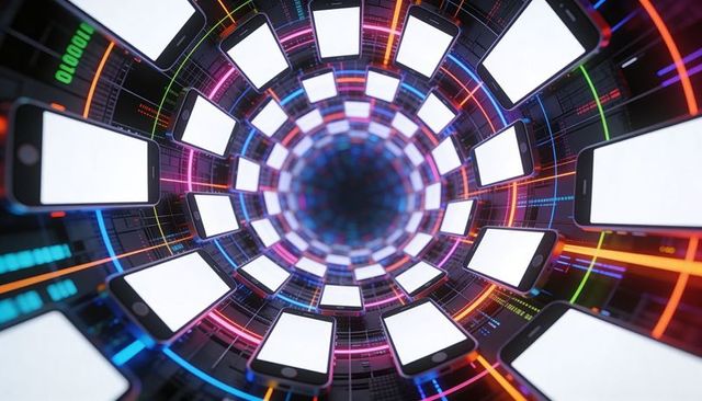 Concentric Neon Smartphone Tunnel Visualizing Digital Data Flow and Global Connectivity