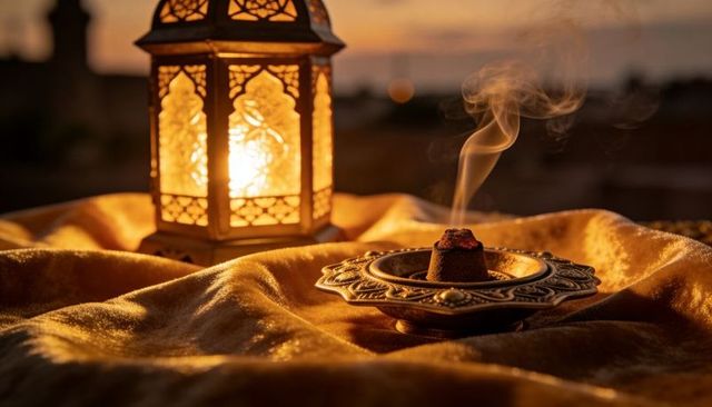 Golden lantern glowing alongside ornate brass incense burner sending spiral smoke at dusk