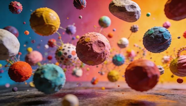 Colorful cratered spheres and tethered beads floating in vibrant surreal gradient cosmos