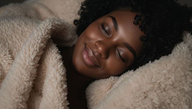 Smiling woman snuggling into plush cream blanket, relaxing in cozy intimate moment