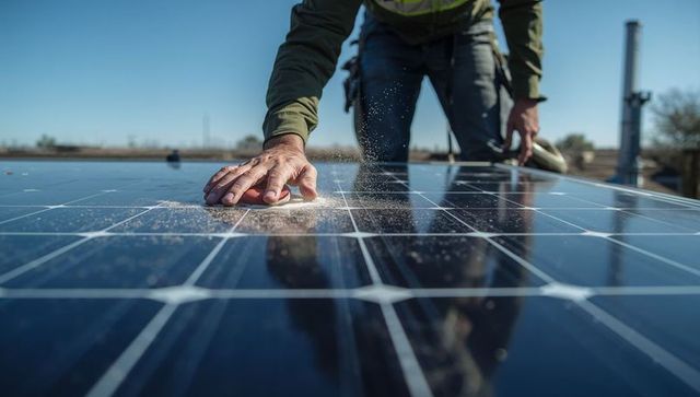 Kneeling Technician Cleaning Rooftop Solar Panel Wearing Safety Harness Disturbing Dust