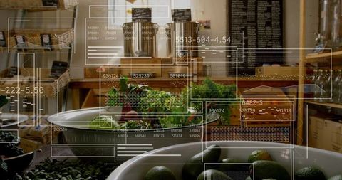 Augmented reality produce display in rustic market with avocados, greens, chalkboard menu