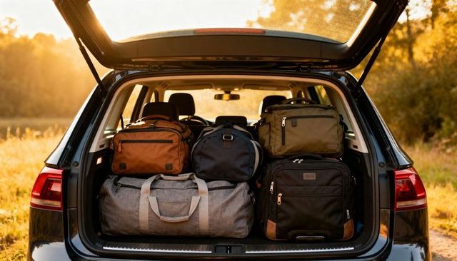 Loading hatchback trunk with travel luggage at golden hour for road trip inspiration