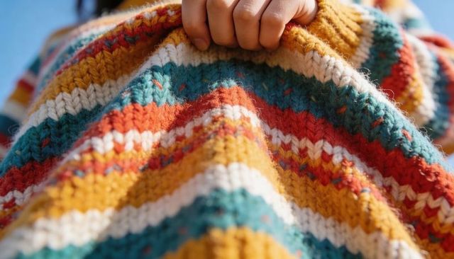 Child holding chunky hand-knit striped sweater closeup under blue sky, colorful knitwear