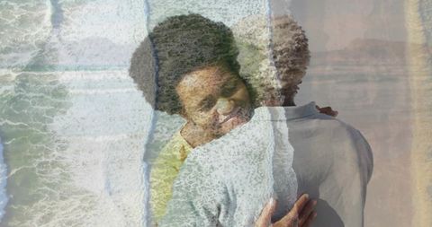 Couple embracing with ocean wave double exposure conveying tender coastal romance