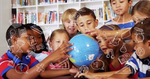 Diverse Children Exploring Globe with Educational Doodles in Classroom
