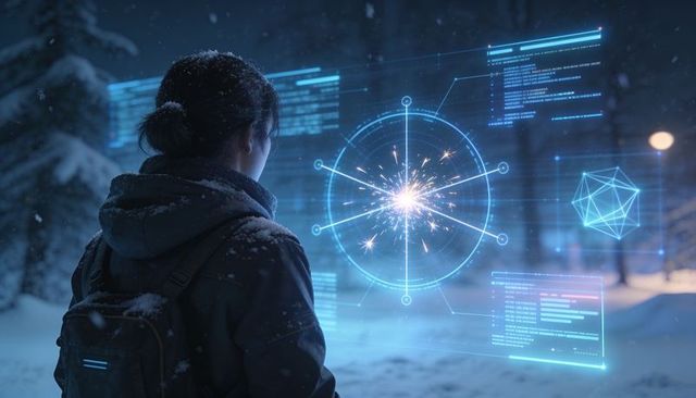 Woman exploring holographic ar interface on snowy forest path at night