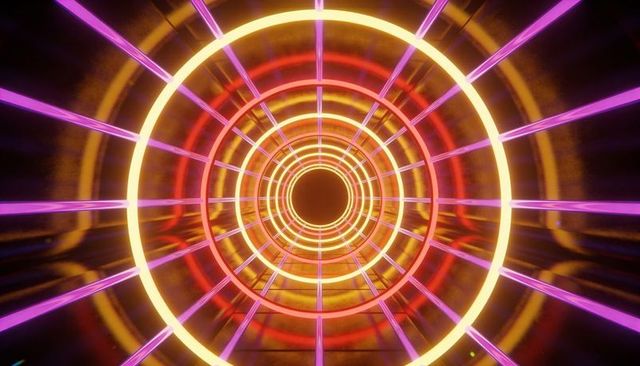 Neon tunnel of concentric rings radiating warm glow, magenta beams futuristic geometric corridor