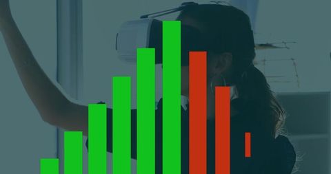 Asian Woman Using VR Headset with Financial Graph Overlay
