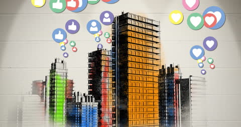 Colorful Cityscape with Floating Social Media Icons
