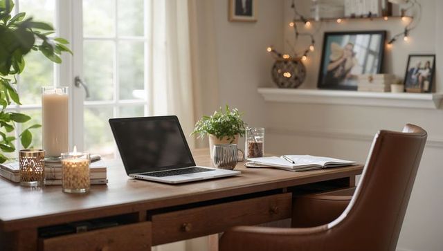 Cozy home workspace with laptop and decorations