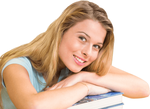 transparent portrait of smiling female student leaning on books - Download Free Stock Videos Pikwizard.com