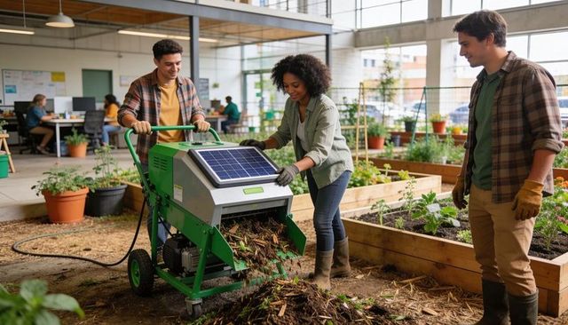 Urban garden volunteers operating solar wood chipper for sustainable mulch and composting