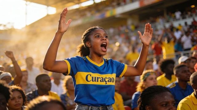 Curacao fan cheering in stadium raising arms during golden hour crowd celebration