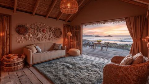 Coastal Sunset Beach House Interior Showcasing Wicker Furnishings and Ocean View