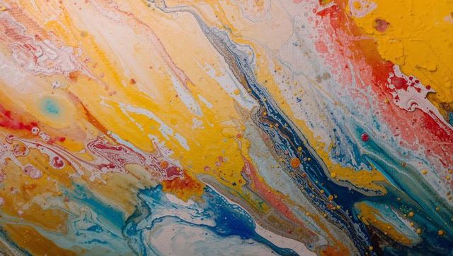 Flowing abstract acrylic pour painting vibrant yellow teal blue swirls macro texture