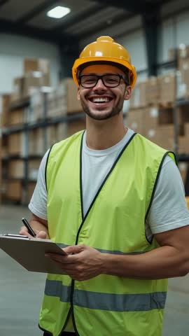 Warehouse Worker Inspecting Inventory Laughing While Recording Checklist Vertical Video