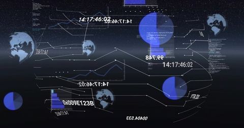 Holographic 3D Data Visualization with Blue Pie Charts, Line Graphs and Global Network