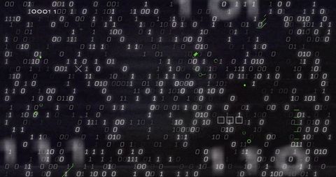 Streaming binary code matrix with neon green glyphs on dark grainy cyber background
