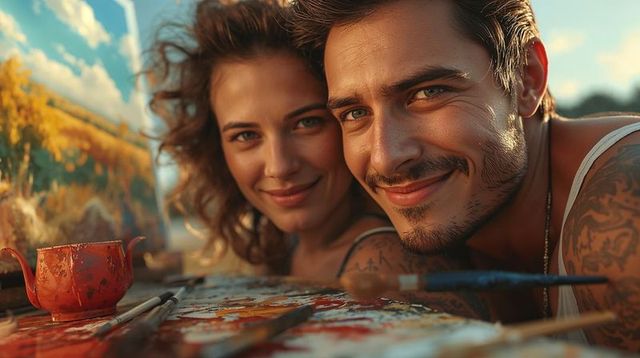 Romantic couple painting and smiling during golden hour plein air landscape session