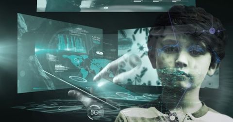 futuristic touchscreen technology with caucasian boy - Download Free Stock Images Pikwizard.com