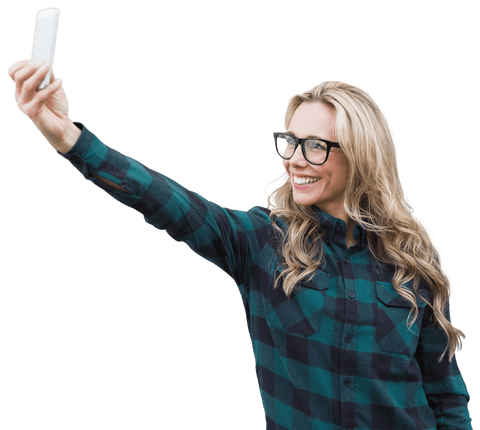 Joyful Woman with Glasses Taking Transparent Selfie