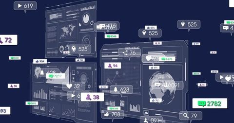 Displaying analytics dashboards with floating notification badges and global data HUD