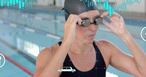 Mature Female Swimmer Adjusting Goggles with Analytics HUD Overlay at Indoor Pool