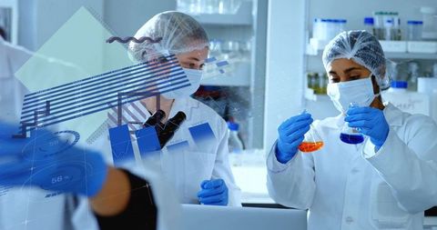 Laboratory Scientists Conducting Experiment with Flasks and Tablet Interaction