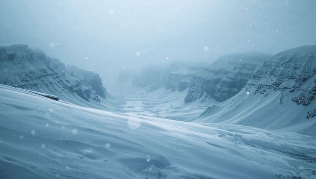 Mist-filled glacial valley with snow-draped cliffs and minimalist blue haze