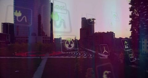 Modern skyline with eco-friendly innovations at dusk