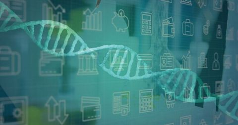 DNA Strand Overlaying Science and Data Process Icons in Laboratory