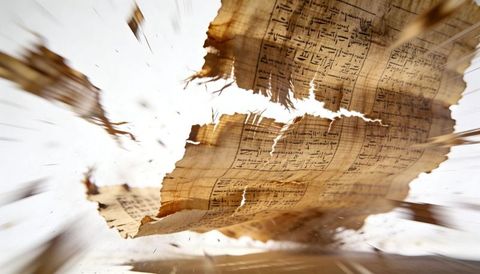 Torn antique sheet music fluttering in wind with motion blur and backlit parchment fragments