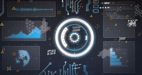 Glowing central HUD reticle on dark grid displaying futuristic analytics and real-time monitoring