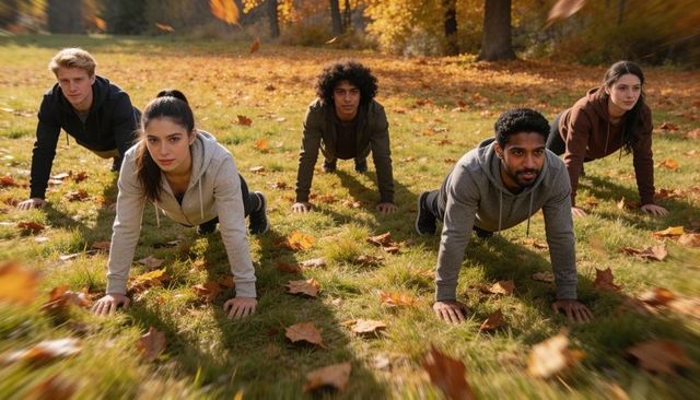 Autumn outdoor group doing push-ups in park wearing hoodies for team fitness motivation