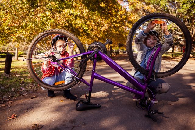 Siblings Repairing Bicycle in Autumn Park - Download Free Stock Photos Pikwizard.com