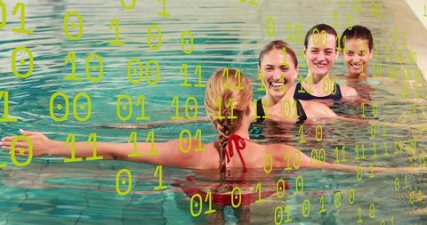 Water aerobics instructor leading group of smiling women in pool with binary overlay