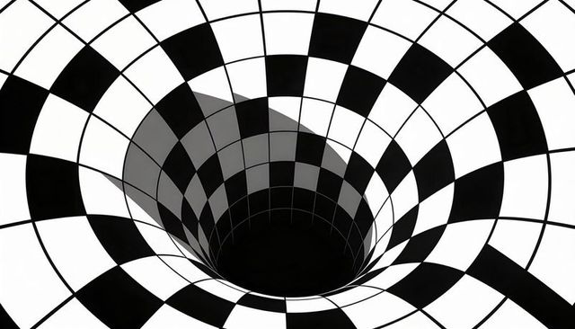 Spiraling checkerboard vortex creating optical illusion of depth and geometric tunnel